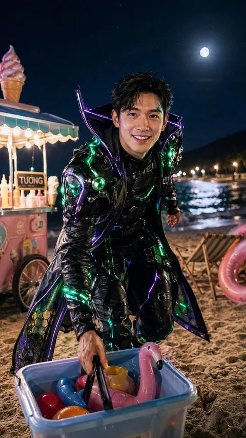 A smiling person in a reflective dark coat kneels beside a plastic container on a beach under a bright moon.