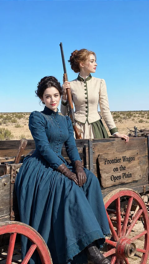 An open, dry landscape surrounds two women posing beside a wooden cart in long period-style dresses.