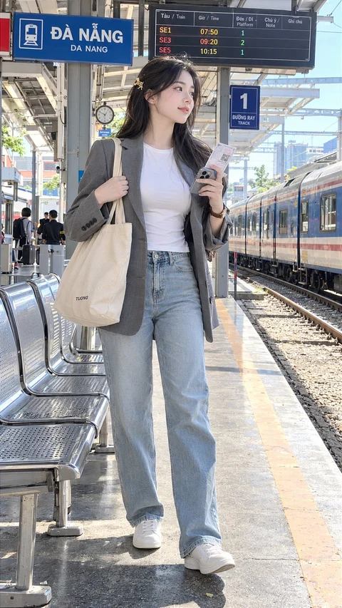 A woman in a gray blazer, white top and light blue jeans stands beside platform seating with a beige tote; a train is visible behind her.