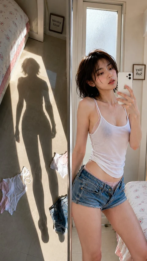 A person in a white tank top and denim shorts takes a mirror selfie beside a bright window.