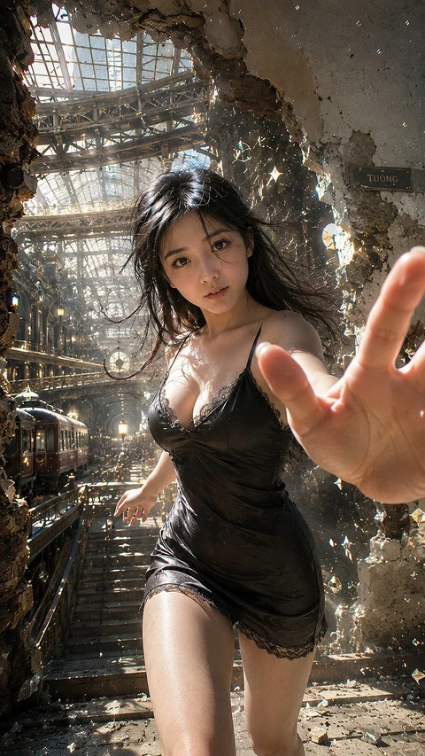 A woman in a dark dress extends her hand toward the camera inside a damaged, sunlit building.
