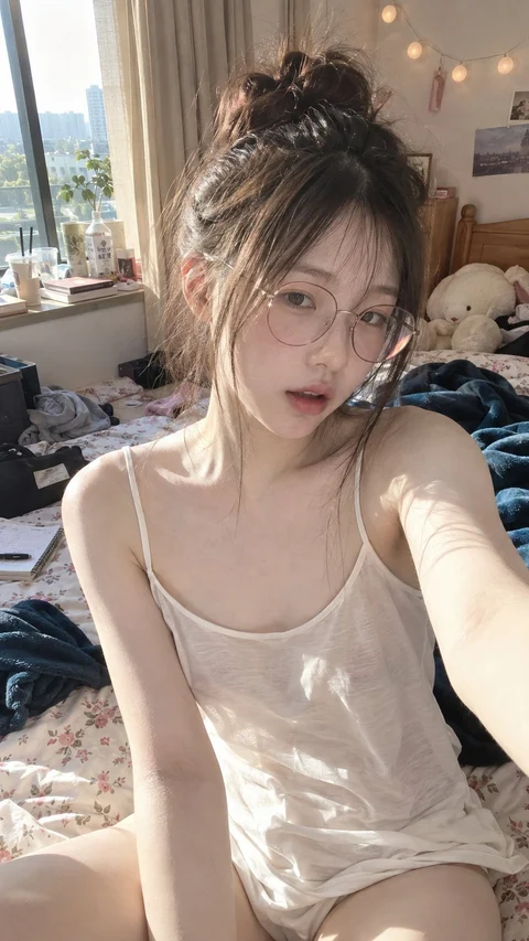 A woman with glasses and loosely tied hair takes a selfie in a bright bedroom.