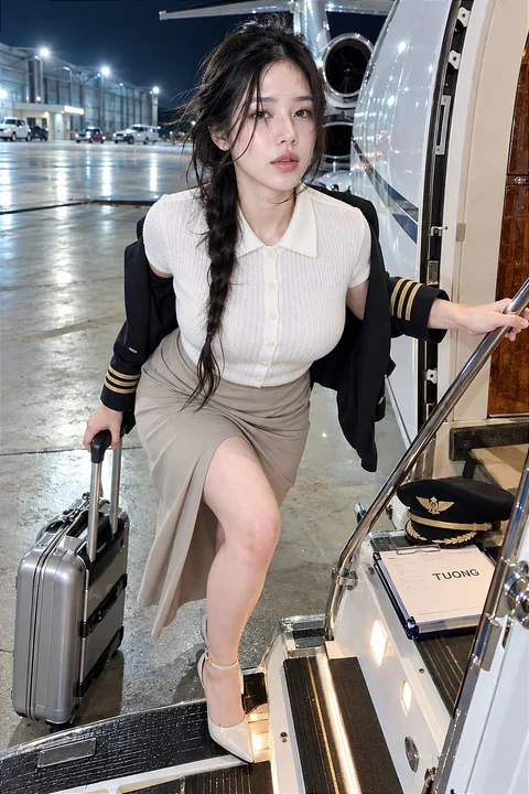 A woman carrying a silver suitcase steps through an aircraft doorway at night in a white top, beige skirt and dark jacket.
