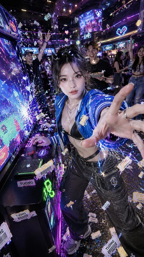 A person in blue clothing reaches toward the camera inside a brightly illuminated arcade.