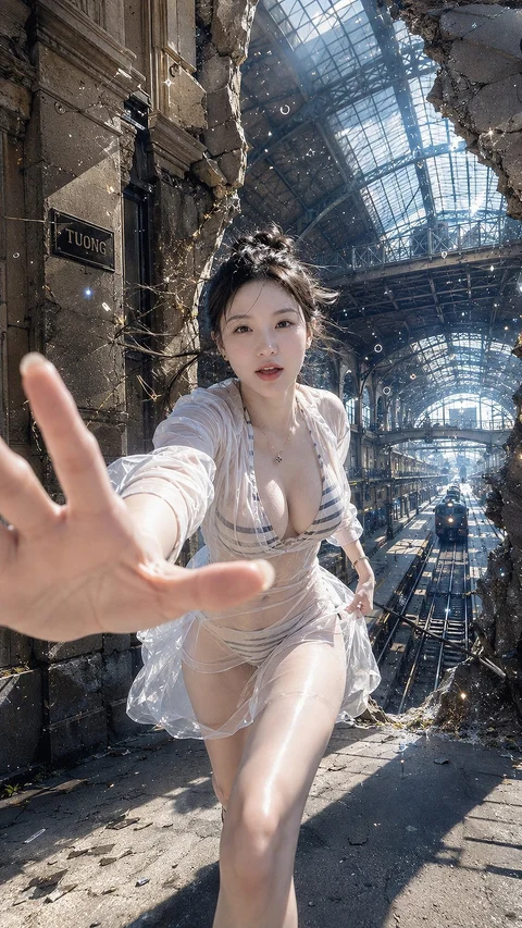 A woman in a pale outfit reaches toward the camera inside an immense glass-roofed industrial hall.