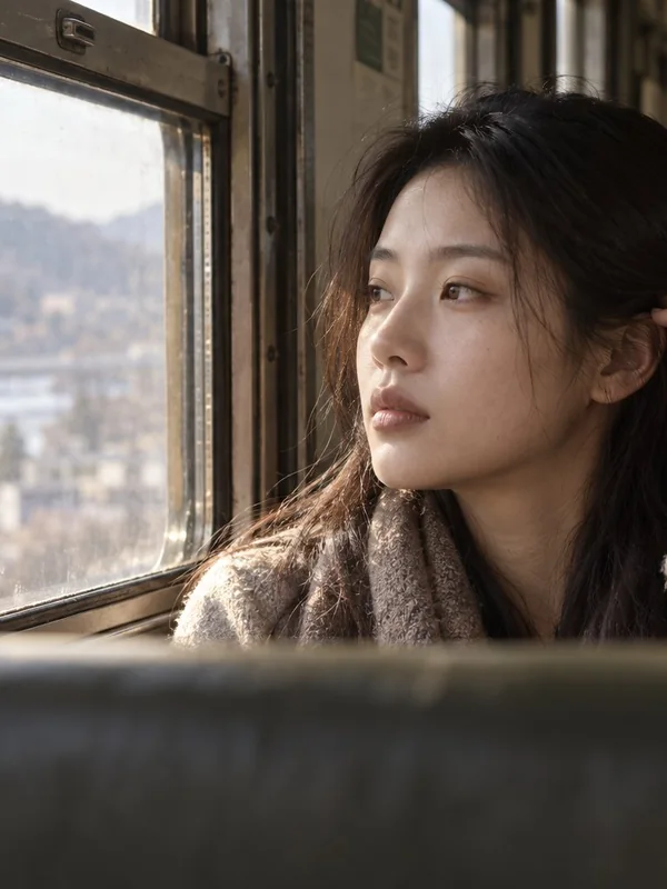 Adult-presenting fictional portrait for aipornfaceswap.com: realistic east asian woman vintage train carriage portrait